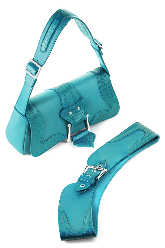 Turquoise blue women's dress belt, matching pumps and bags. Made to measure. Worn view - Florence KOOIJMAN